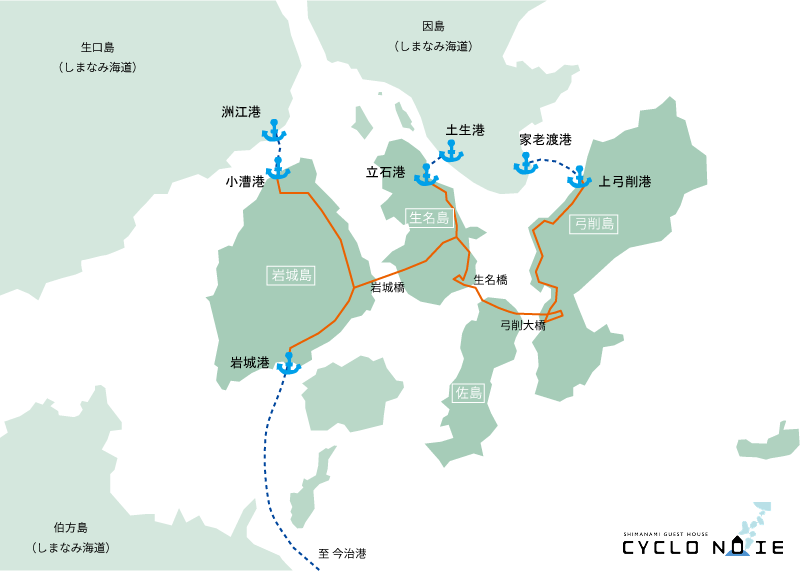 ゆめしま海道の離島へちょっと寄り道サイクリング：コースと船の航路