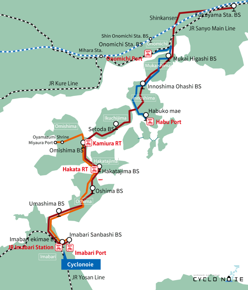 2 days bike trip shimanami Kaido: Bus route map on the Shimanami Kaido
