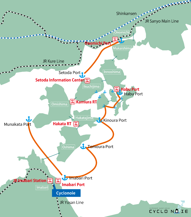 2 days bike trip shimanami Kaido: ferry route map on the Shimanami Kaido