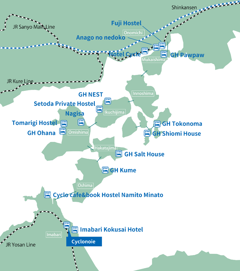 the map of the recommended hostels in Shimanami Kaido