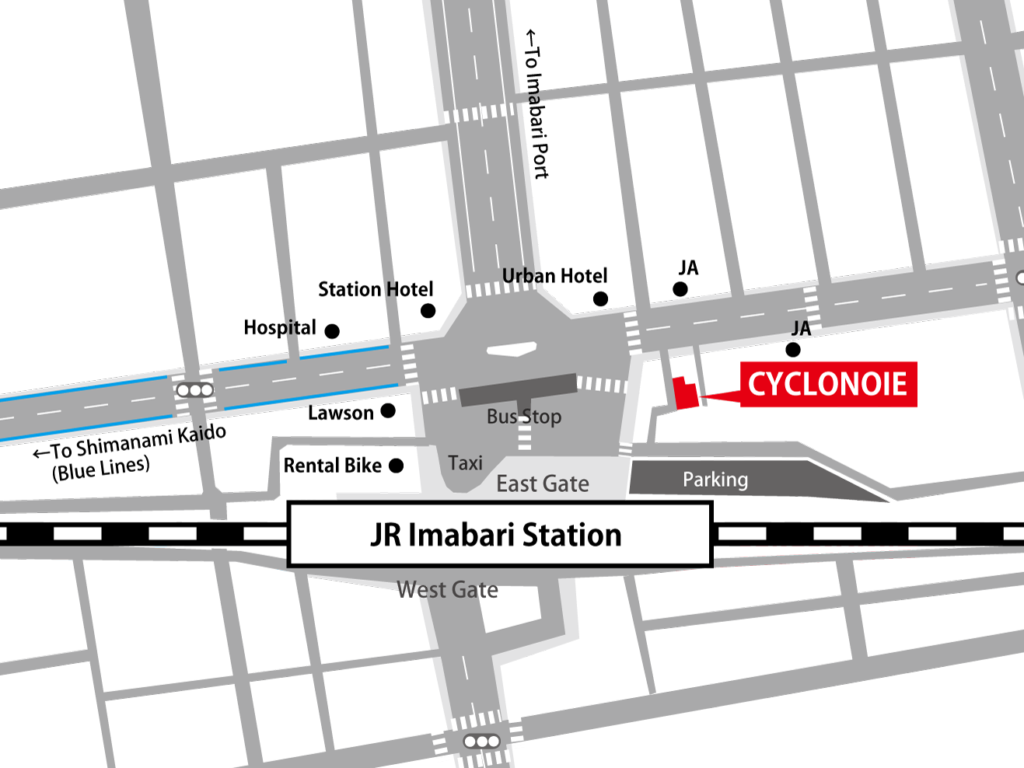 Location of cyclonoie and JR Imabari station