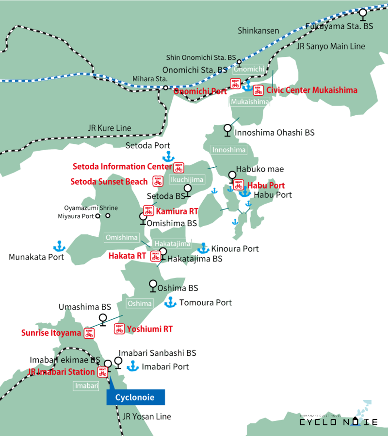 2 days bike trip shimanami Kaido: Map of rental bikes terminals in Shimanami Kaido