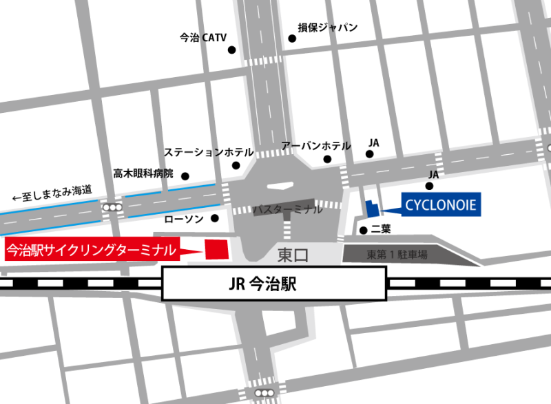 今治駅前サイクリングターミナルの位置を示した地図