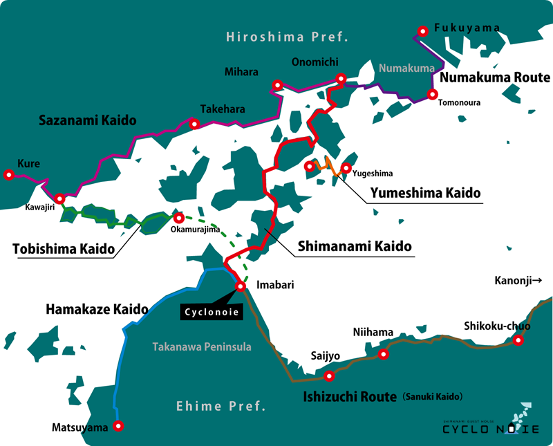 Location of Shimanami kaido, Tobishima kaido, Yumeshima kaido, Sazanami kaido and Hamakaze kaido