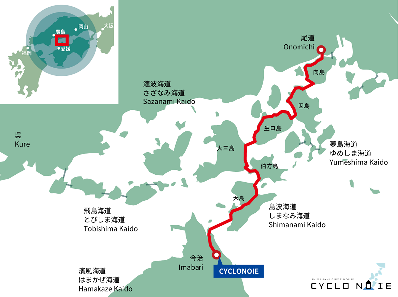 島波海道自行車：顯示島波海道及周邊海道位置的地圖